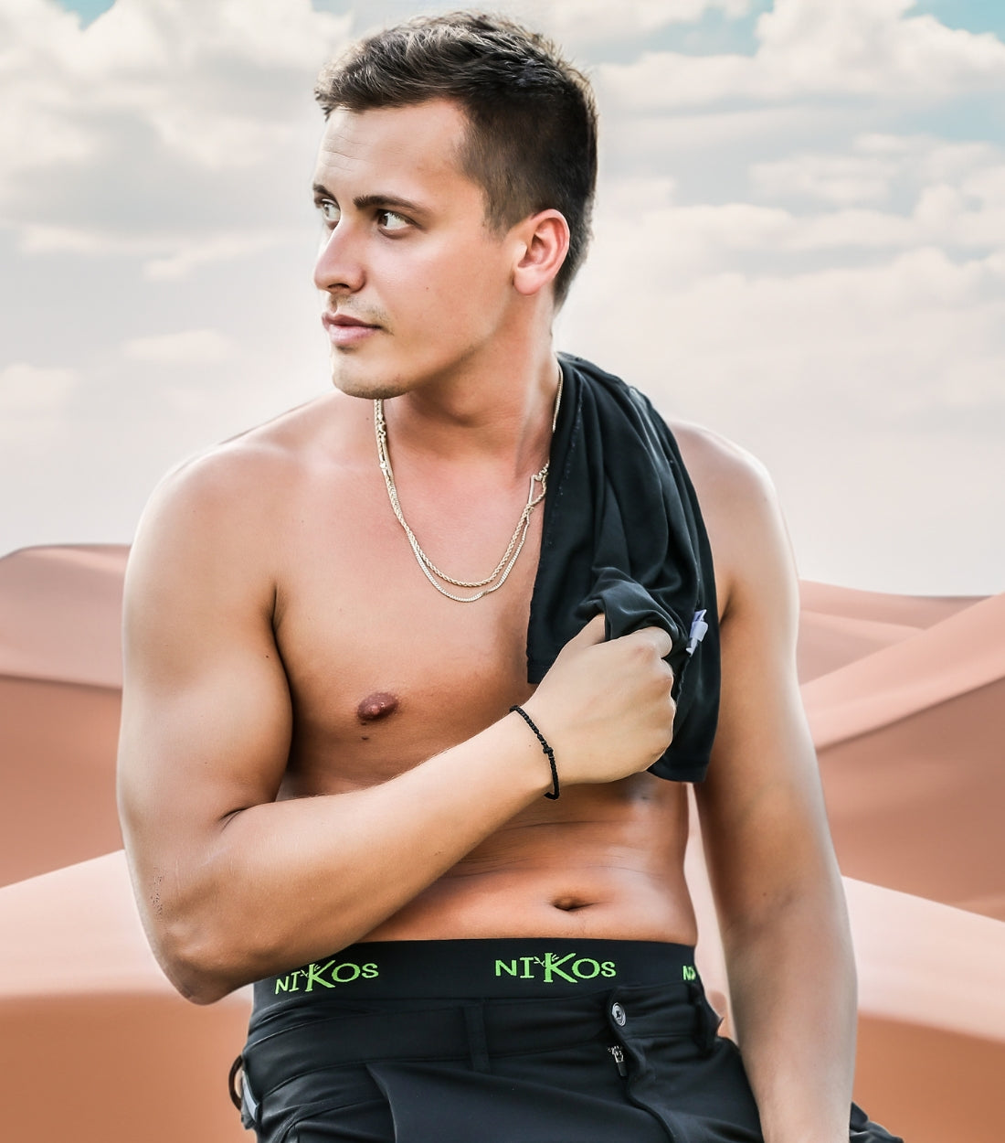 Model wearing Nikos Bamboo Boxer Briefs in a desert setting
